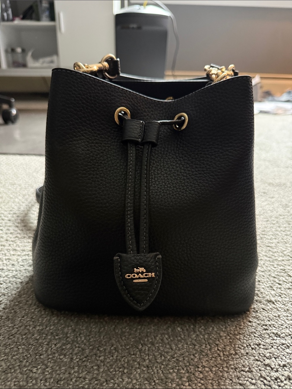 Coach Black Pebbled Leather Drawstring Bucket Bag with Gold Hardware